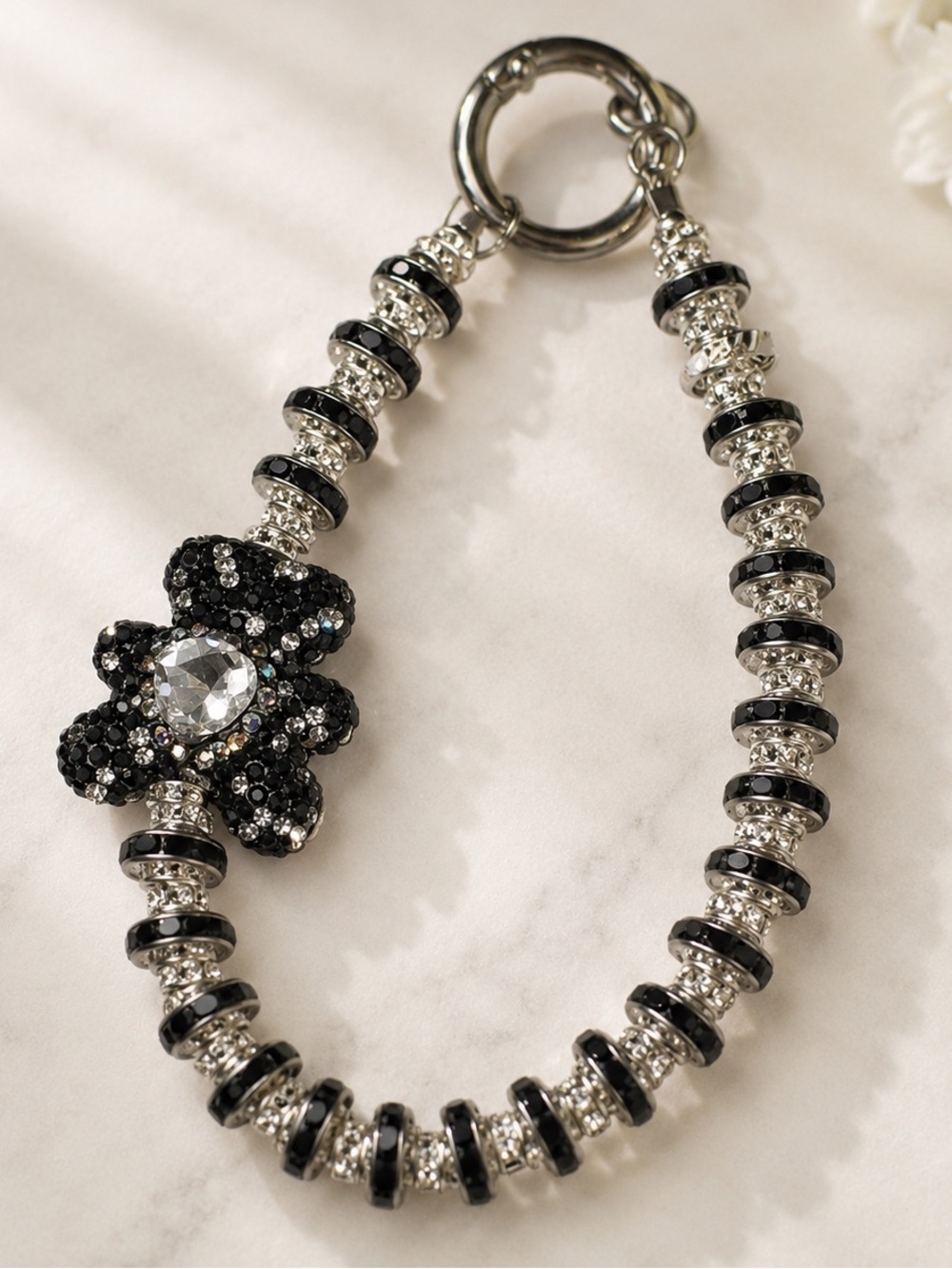 Black and Silver Beaded Purse/Cellphone Chain with Bear Charm
